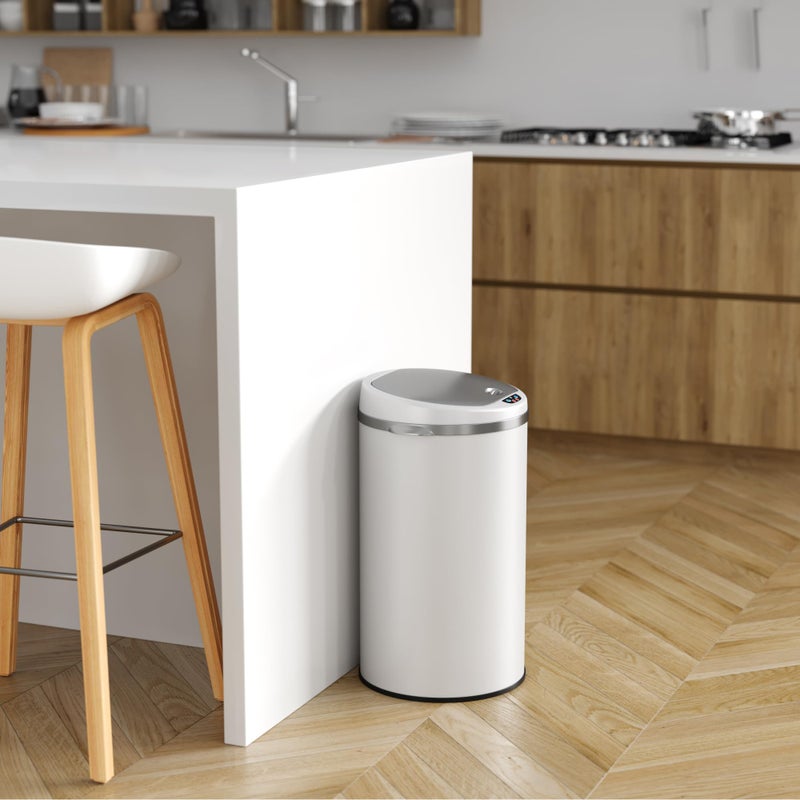 iTouchless 8 Gallon Trash Can with Odor Filter, Round White Stainless Steel Trashcan Garbage Bin for Home Office Work Bedroom Living Room Garage Large Capacity Slim Wastebasket - Image 5